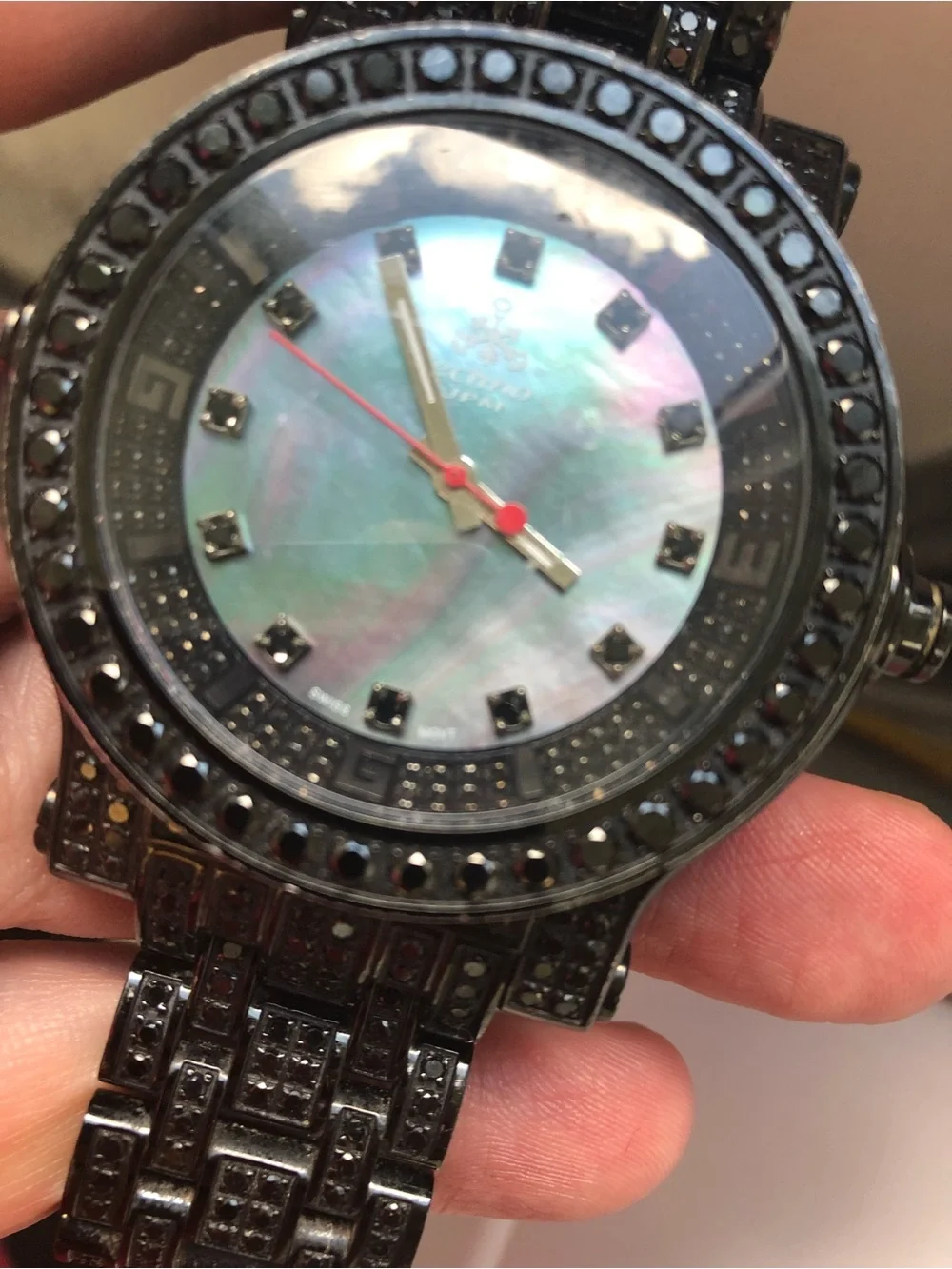 Techno Com by KC Black Watch with Mother-of-Pearl Dial and Red Second Hand